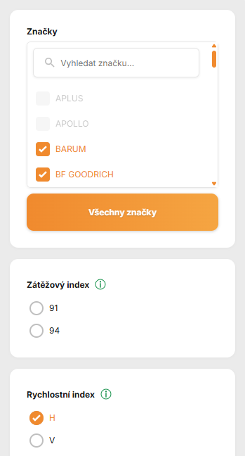 Pokročilé filtrování parametrů na Pneuprodejna.cz