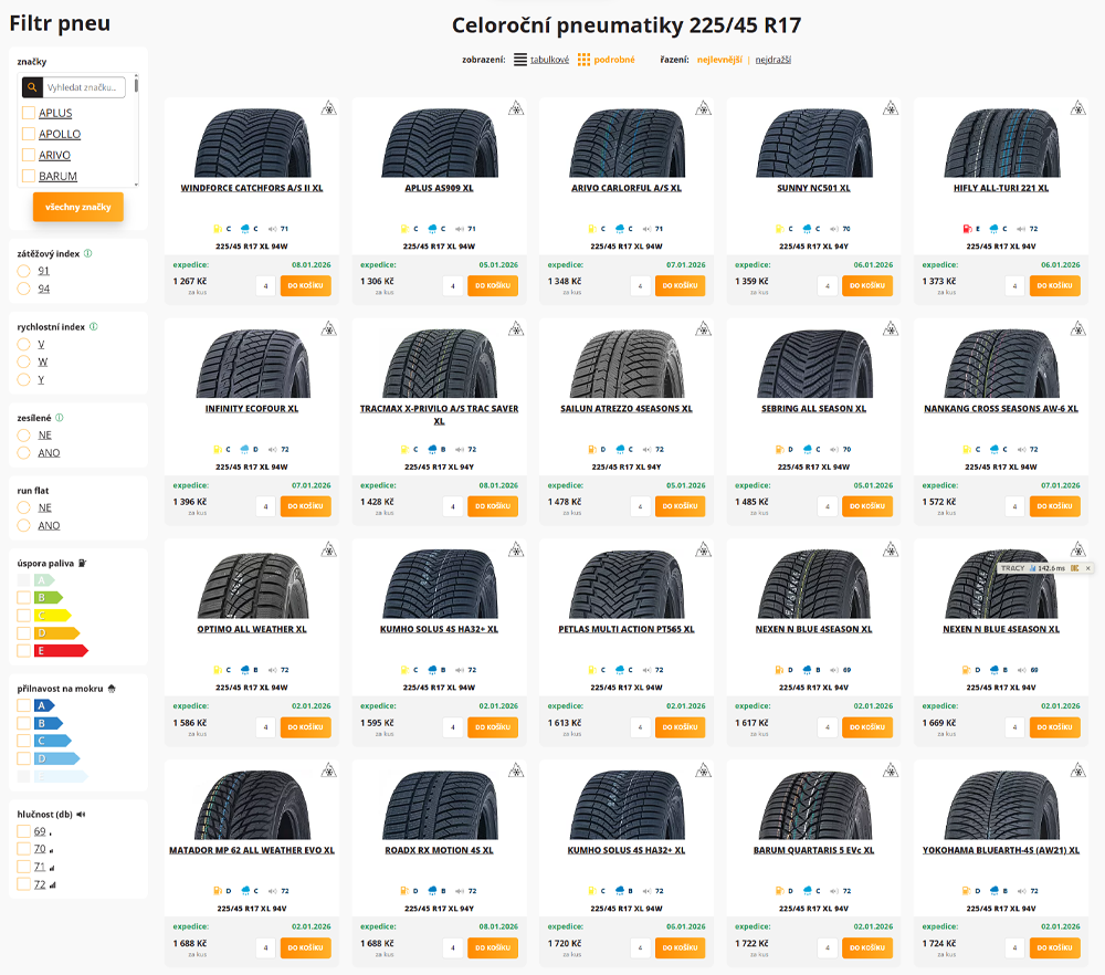 Pokročilé filtrování parametrů na Pneuprodejna.cz