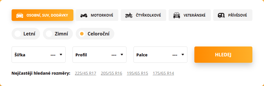 Rychlé filtrování rozměrů na Pneuprodejna.cz